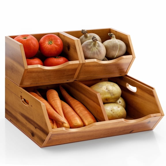 TIDITA Onion and Potato Storage Bins - Acacia Wood Pantry Baskets Organization and Storage - Wooden Stackable Baskets for Bread, Fruit, Vegetable - Onion Basket for Kitchen Counter