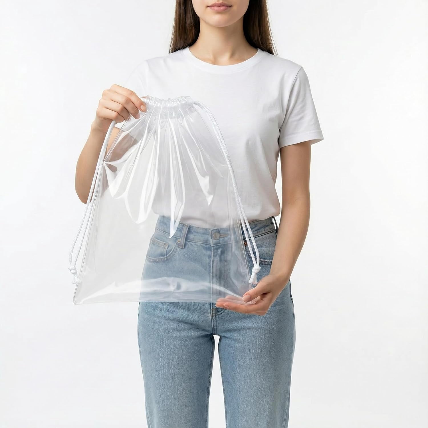 Clear LDPE Drawstring Bags (25 Pack) (13.75" x 17.5") 2 Mil Disposable Transparent Plastic with Double Cotton White Strings. Shoe Bags for Travel Large Storage Organizers Pouch (25)