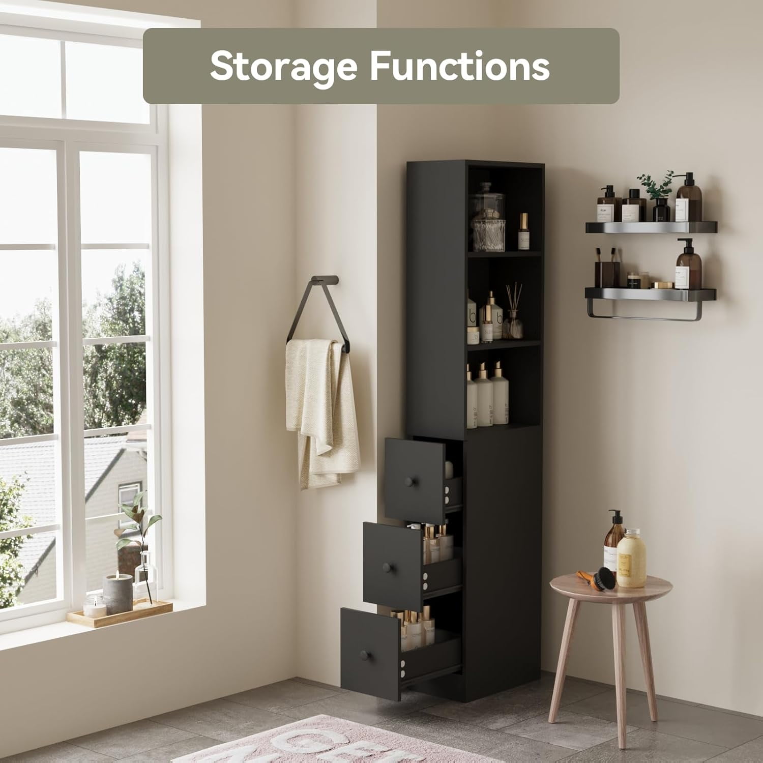 Tall Narrow Free Standing Bathroom Storage Cabinet with 3-Level Adjustable Shelves Home - Space Saver for Living Room Kitchen - Classic Black
