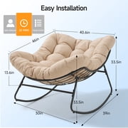 Dovov Oversized Papasan Rocking Chair, Indoor Outdoor Rocking Chair Patio Egg Chair with Cushion, Heavy Duty Steel Papasan Rocker Lounge Chair for Porch Balcony Nursery Living Room, Beige