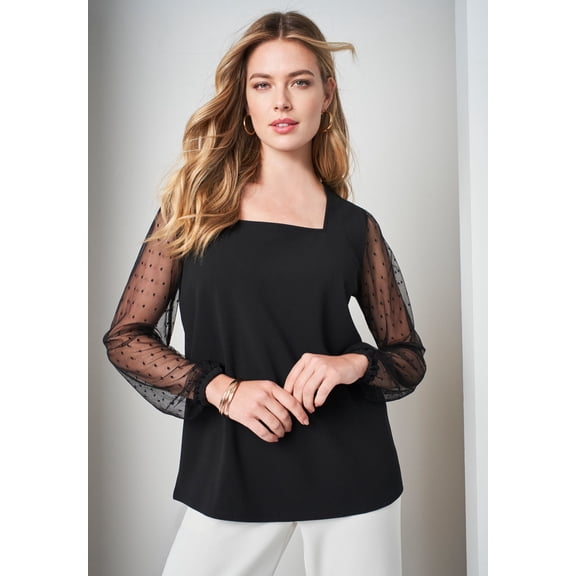 Jessica London Women's Plus Size Stretch Crepe Square Neck Mixed Media Top
