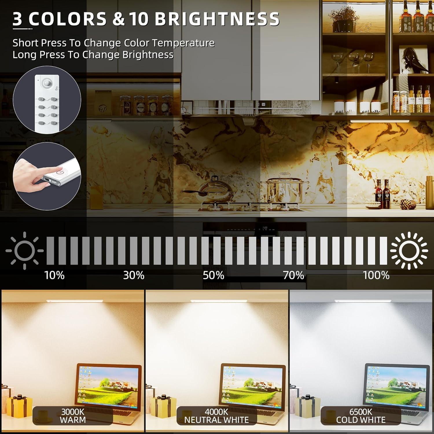 204 LED Under Cabinet Lights Wireless with Full Lighting,Rechargeable Closet Remote and Motion Sensor Indoor,Under Counter Light CCT Dimmable for Kitchen,Stair(3 Pack,23.6inch)