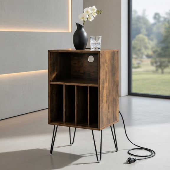 Demi Bonn Record Player Stand, Turntable Stand, Record Player Stand with Charging Station, for Living Room, Bedroom, Rustic Brown