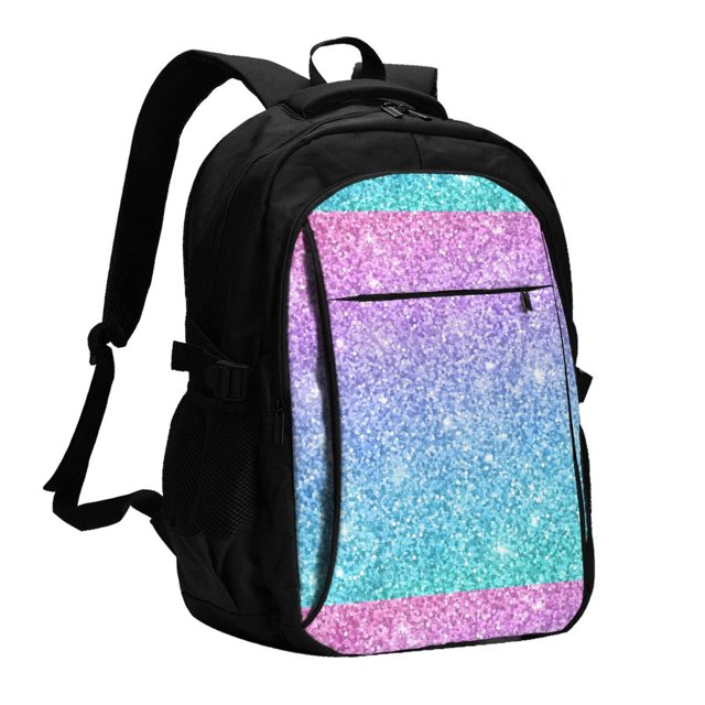 Balery Multicolor Glitter Mochila con carga USB para hombre y mujer - Mochila impermeable y antirrobo para laptop con puerto USB para viajes, trabajo