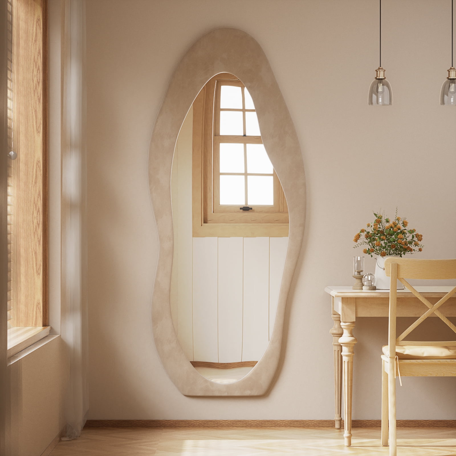 Anyrose 63"x24" Full Length Mirror Irregular Cloud Floor Mirror With Flannel Frame, White