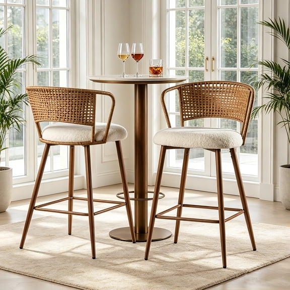 AUU Set of 2 Cream Mid-Century Rattan Counter Stools – Upholstered Bar Stools with Metal Legs, Modern Boho Dining Chairs for Kitchen Island or Dining Room