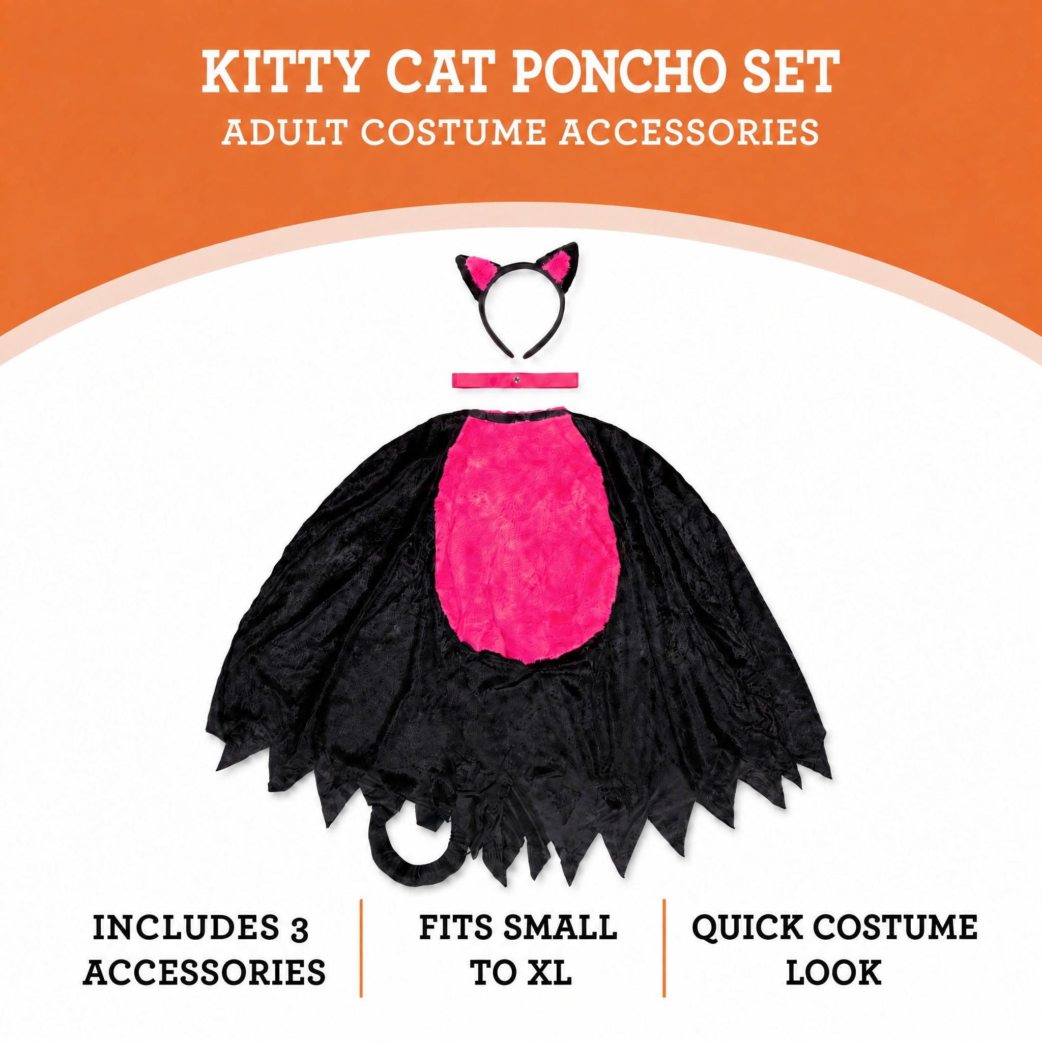 Kitty Cat Poncho Costume Accessory Set for Adults, Black and Pink, S-XL, 3 Pieces, Halloween by Way To Celebrate