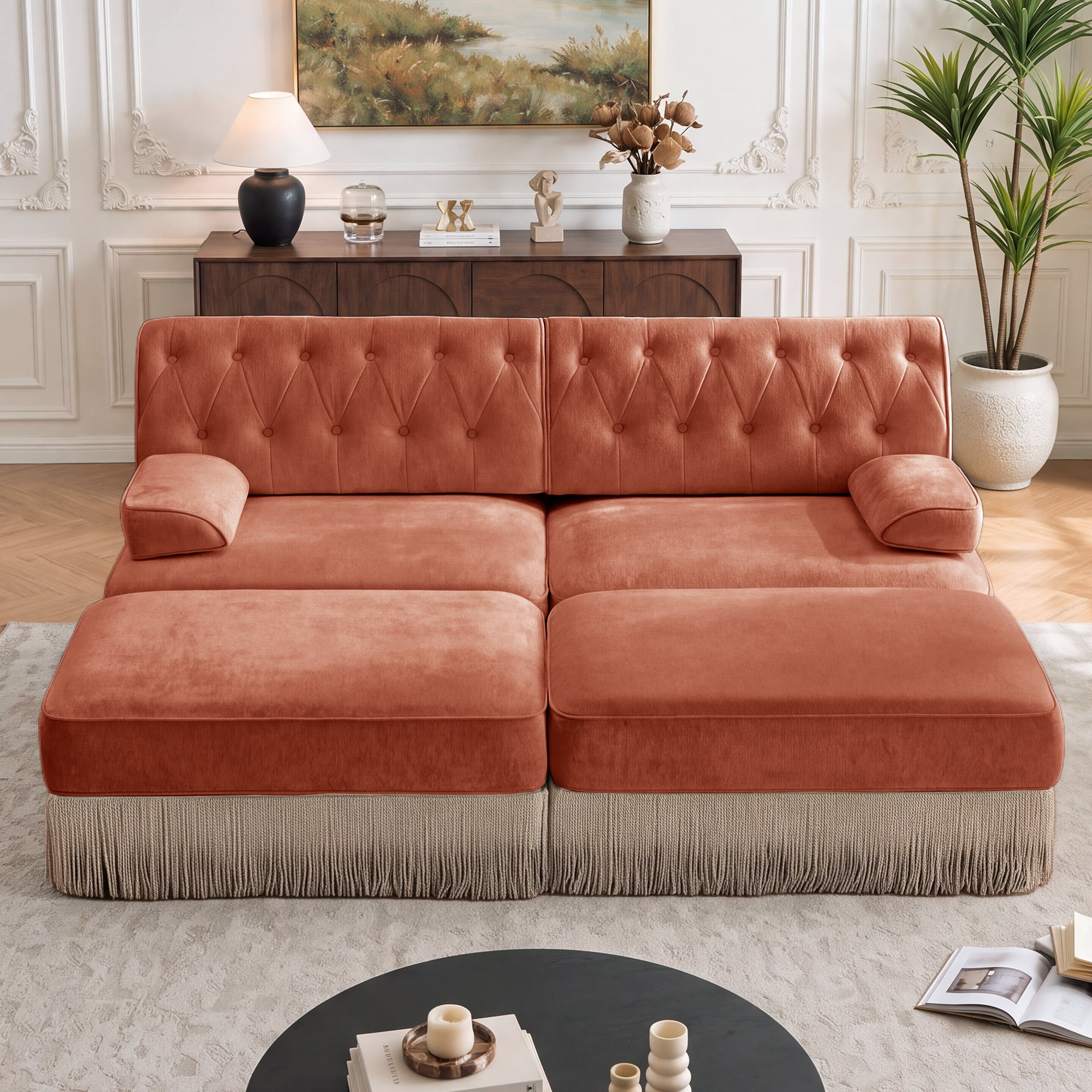 76.6" Chesterfield L-Shaped Modular Sectional Loveseat Sofa Set with 2 Ottoman and Tassel Skirt, Easy to Assemble
