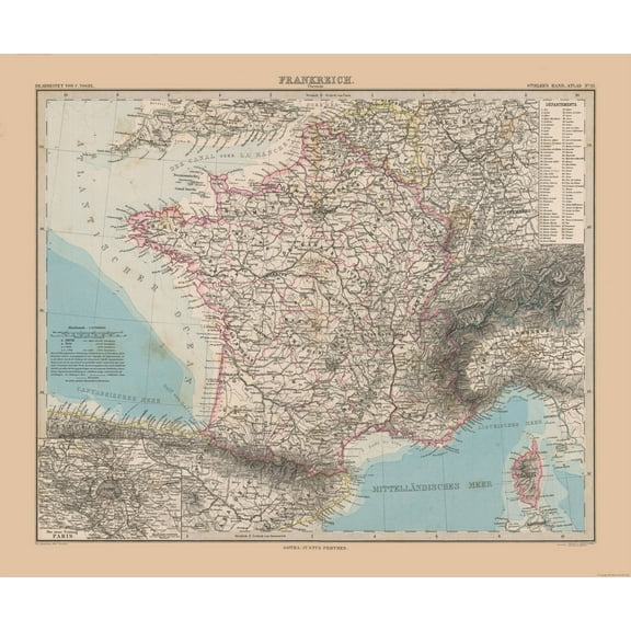 Historic Map - France - Stieler 1885 - Vintage Wall Art