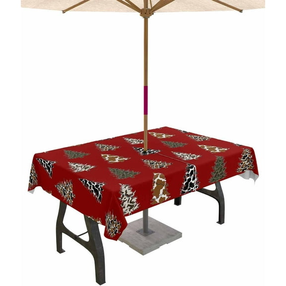 Western Red Christmas Outdoor Tablecloth - 60x120 Inch Rectangle Dining Table Cover, Xmas Tree Cowboy Christmas Waterproof Outdoor Table Cloth with Umbrella Hole & Zipper for Picnic/Patio
