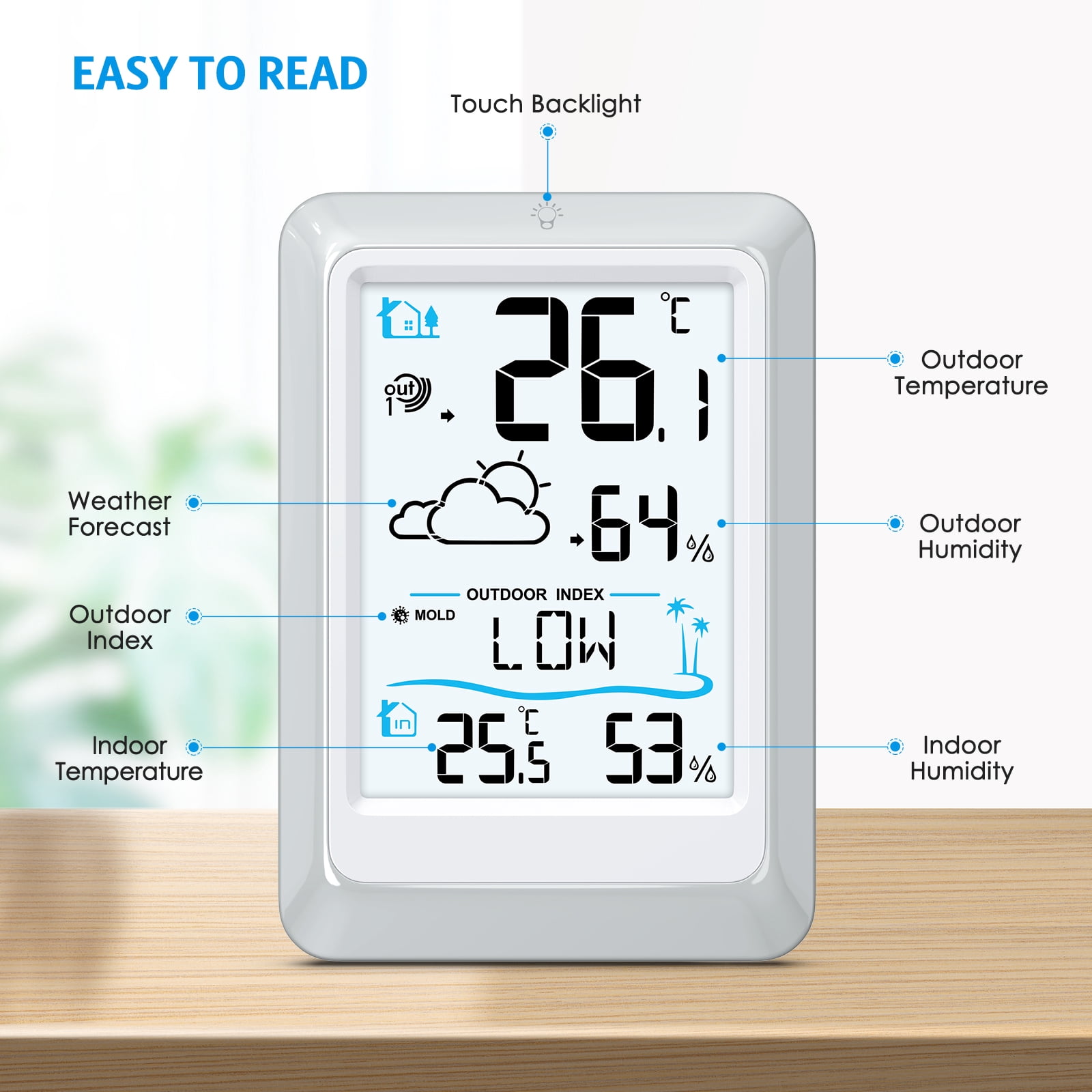 Weather Station, AMIR Indoor Thermometer Outdoor Thermometer with 330ft Remote Sensor Humidity Gauge for Home Greenhouse Office