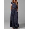 thumbnail image 3 of Vestido largo elegante de color liso con cuello redondo para mujer, vestido largo liso con bolsillos, vestidos de falda larga, vestidos largos de oficina de manga corta para mujer, 3 of 3
