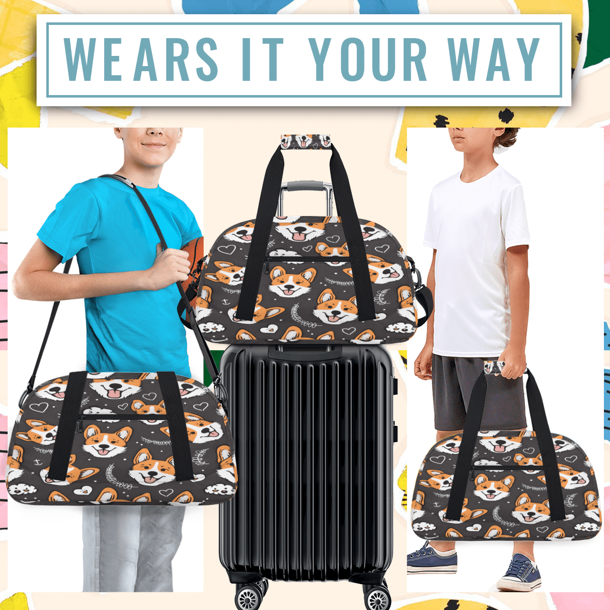 Herdesigns Sports Duffle Bags Travel Duffle Bag Gym Bag Cute Welsh Corgi Dog Weekender Travel Bag Waterproof Overnight Bag Carry On Travel Tote Bag Dance Bags