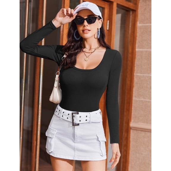 Ekouaer Womens Long Sleeve Shirts Square Neck Slim Fit Basic Tops Ribbed Thermal Undershirts Layering Tee
