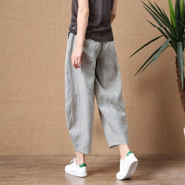Pantalones anchos de lino y algodón pequeños para mujer, pantalones casuales de lino de nueve puntos que combinan con todo, sueltos y de talla grande para uso exterior