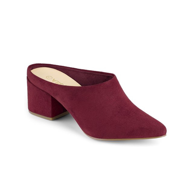 BLISSFUL STEP Women's Slides Chunky High Heels Slip on Pointed Toe Slide Mules Burgundy 9.5
