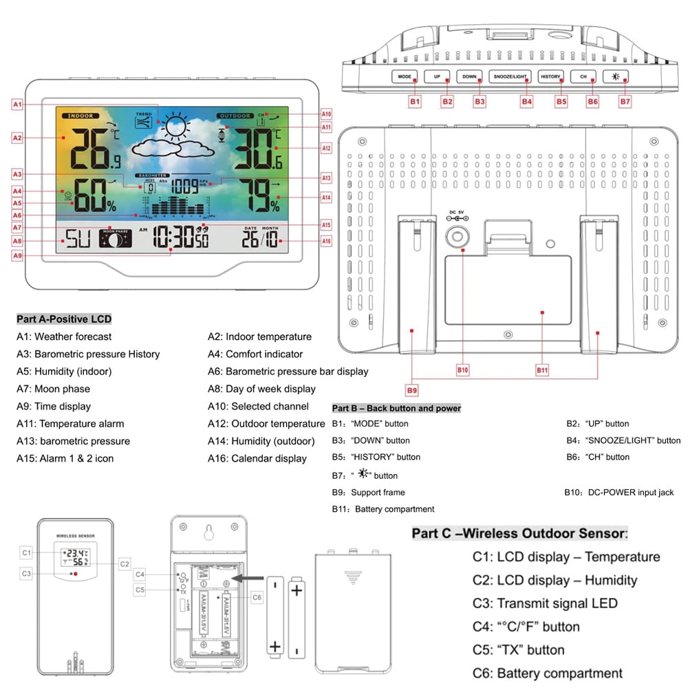 Wireless Weather Station Indoor  Color Screen Weather Forecast Station with  Sensor Digital Temperature and Humidity Gauge with Alarm Clock Moon Phase Backlight Sooze Mode