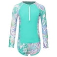 thumbnail image 1 of Ocealan Maillot de Bain 2 Pcs pour Filles, Haut de Maillot Dermoprotecteur à Manches Longues avec Fermeture Éclair et Short, Imprimé à Rayures Ondulées, Vert, Taille 9 Ans, 1 of 7