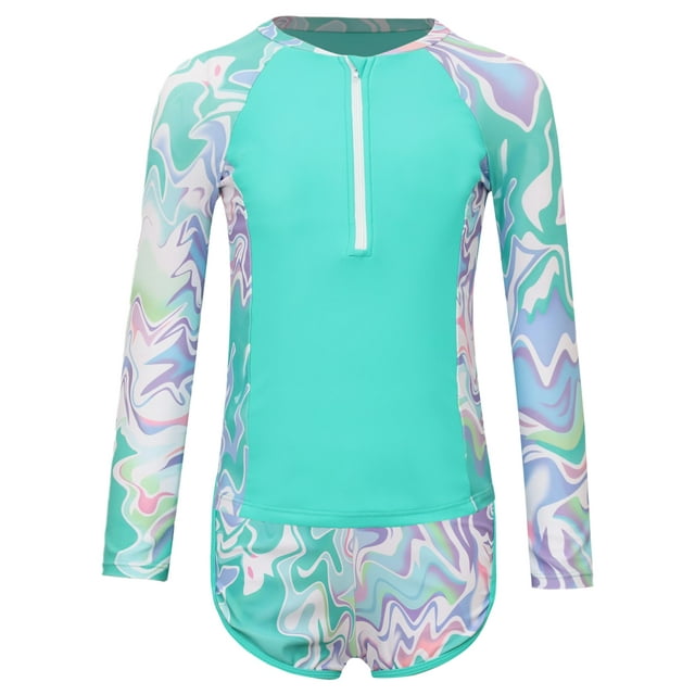 RUNQHUI Kids Girls 2Pcs Rash Guard Long Sleeve Zipper Wave Striped Printed Swim Top with Shorts Bathing Suit Green 11-12Y