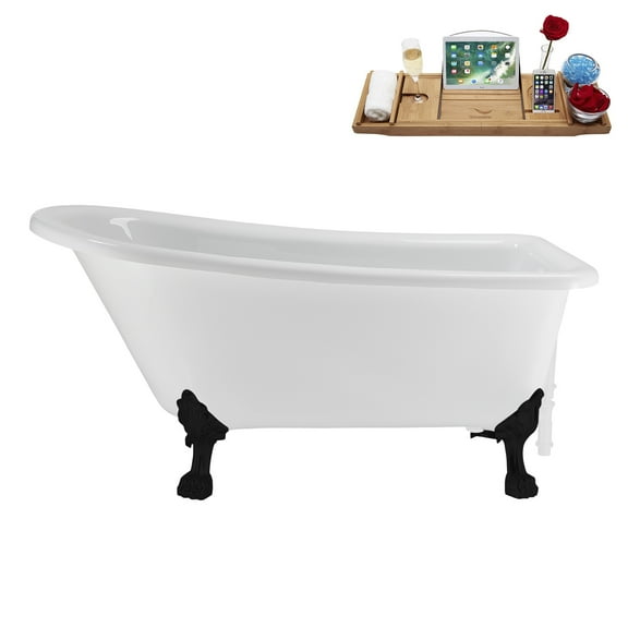 58" Streamline N4860BL-WH Soaking Clawfoot Tub and Tray With External Drain in Glossy White and Matte Black Clawfeet