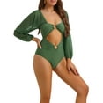 thumbnail image 4 of Bikini de una pieza con escote en V, mangas largas, malla y control de abdomen en color verde militar, talla pequeña, 4 of 5