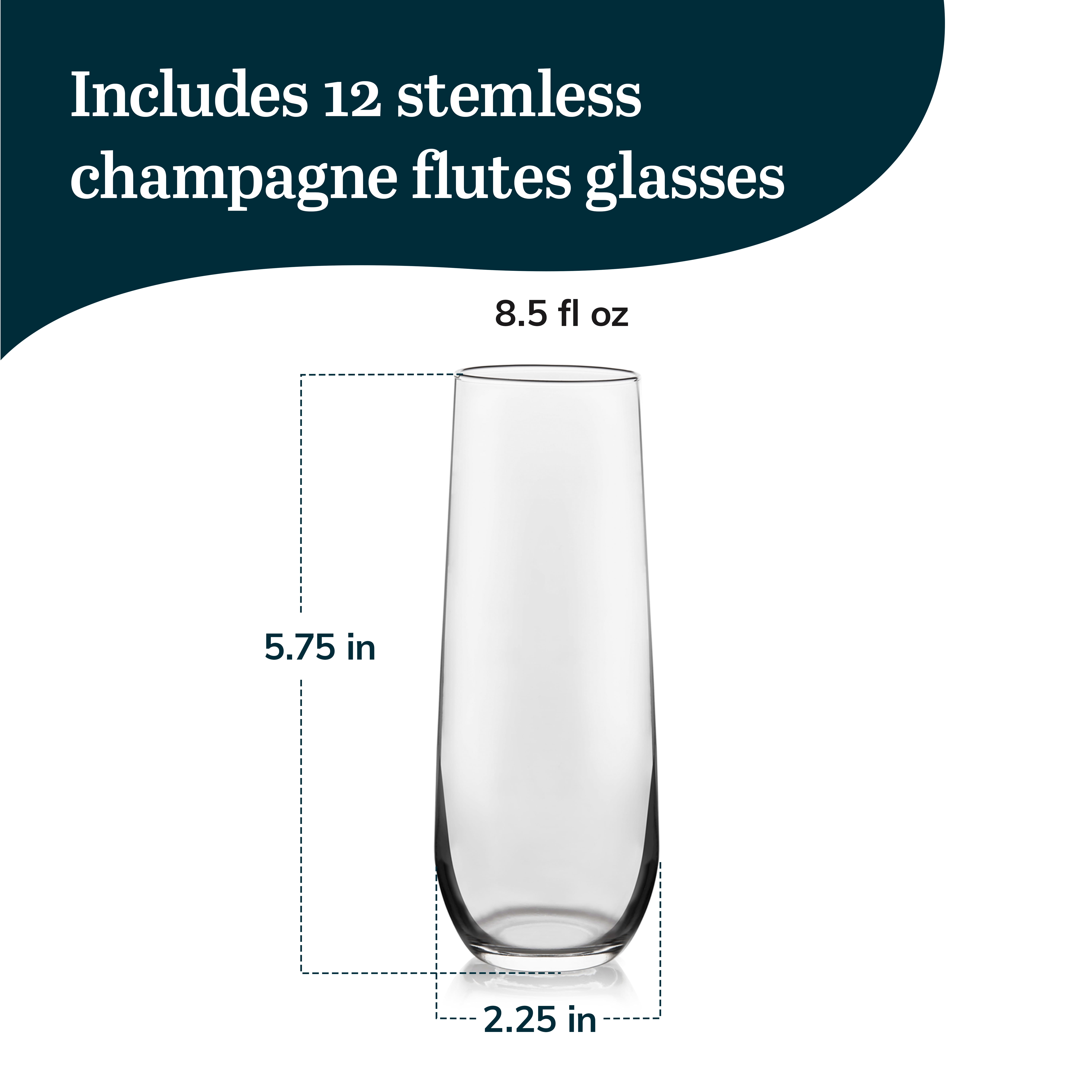 Libbey 228 Stemless Champagne Flutes Glass Set of 12,  Elegant 8.5 Oz Flute Glasses for Champagne, Clear Fluted Glassware