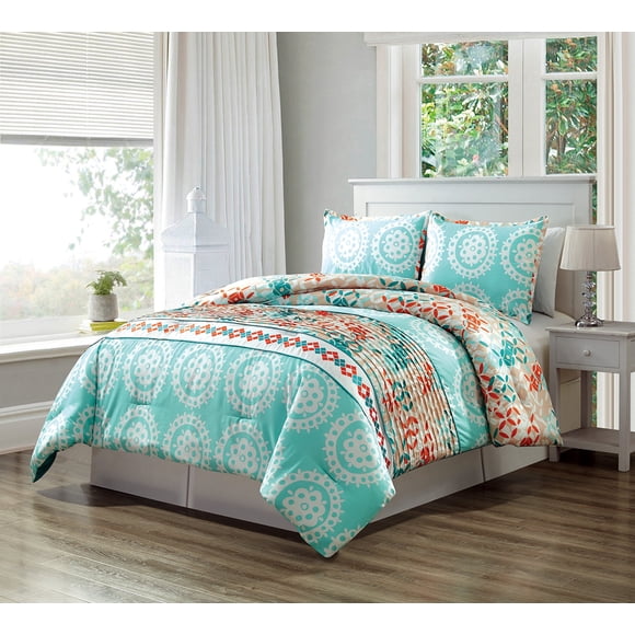 GrandLinen - 3 Piece Queen Size Comforter Set in Turquoise Blue, Orange and White in Geometric Art, Pleated Design. All Season Down Alternative Lightweight Comforter with Shams. Perfect for any Bed