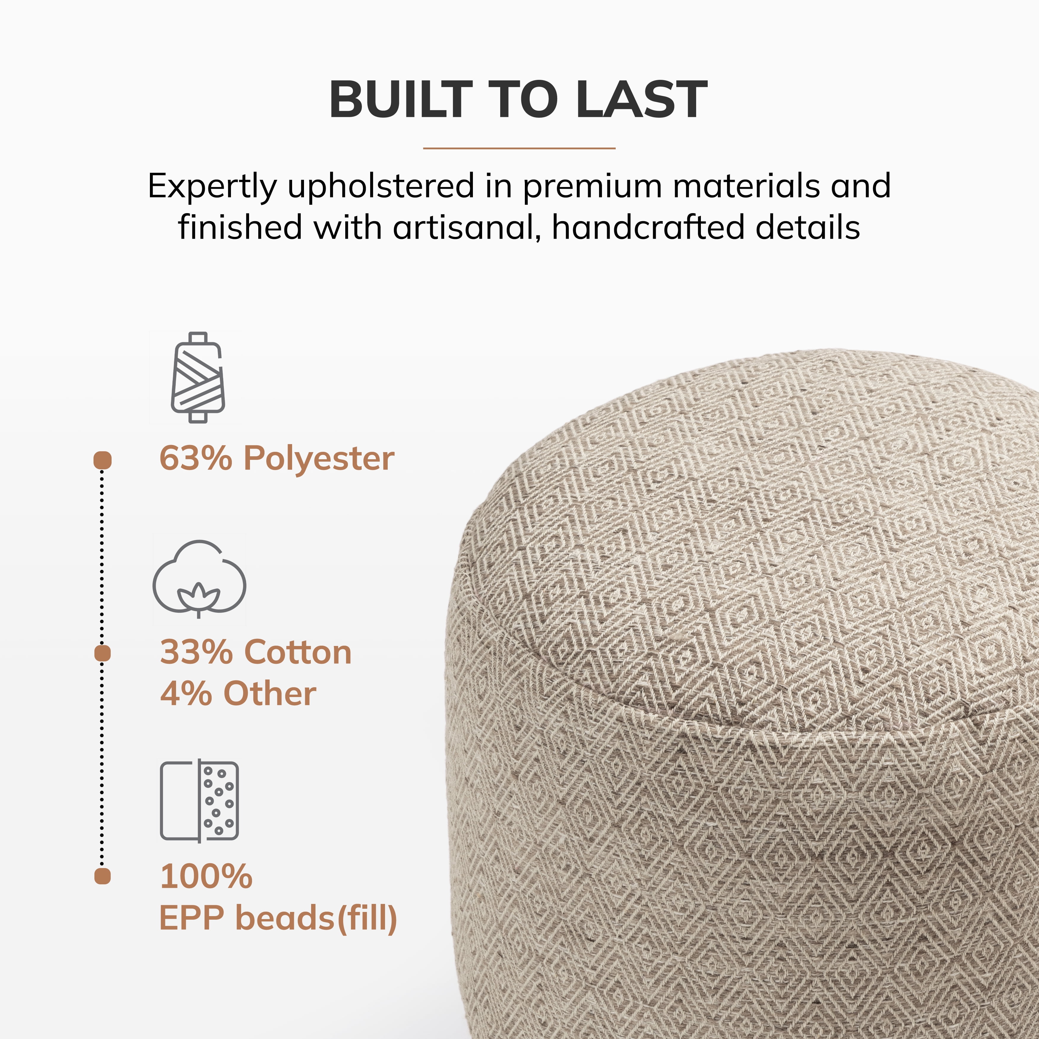 Anji Mountain Pouf Ottoman Foot Rest, Handmade Ottoman Pouf, Comfortable Foot Stool, Decorative Floor Seating for Living Room Decor, Bedroom & Home Décor Accent - Stone