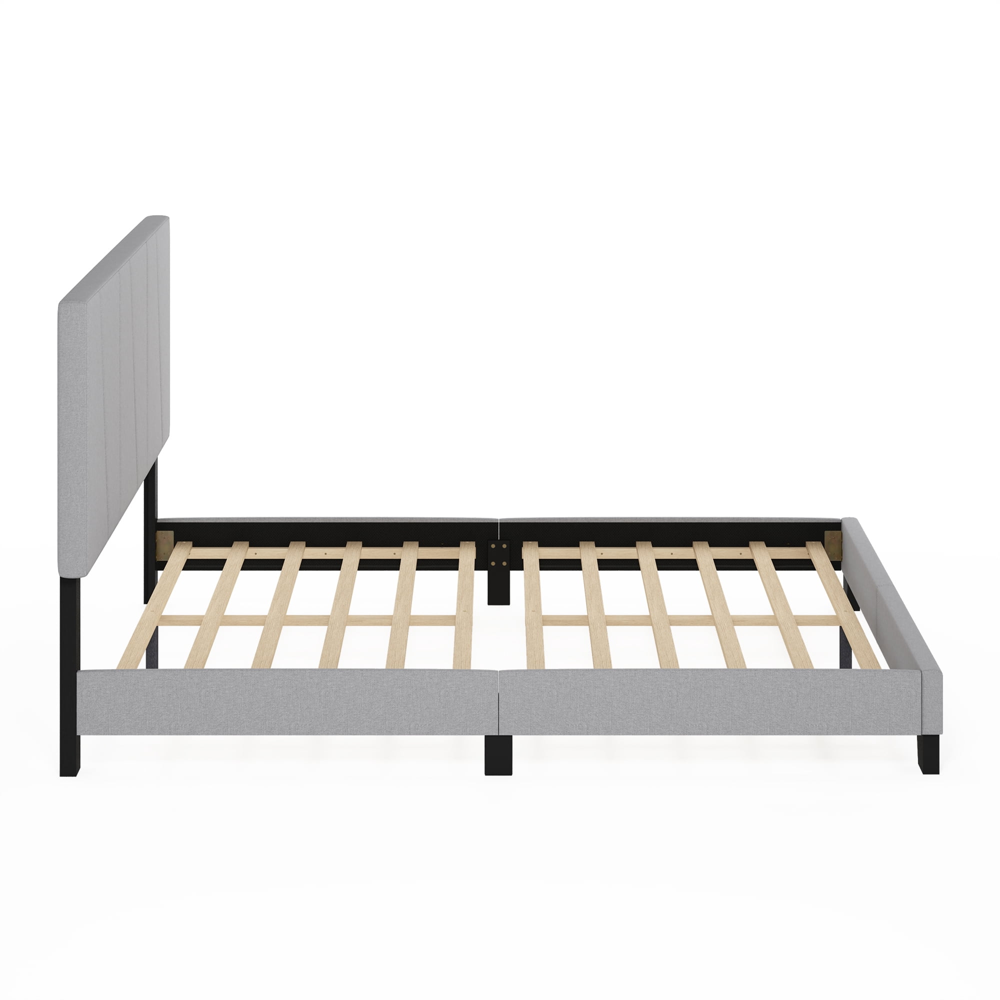 Furinno LUCY Queen Upholstered Bed Frame with Adjustable Geometric Headboard and 12-Piece Wooden Slat Support, No Box Spring Required, Light Grey