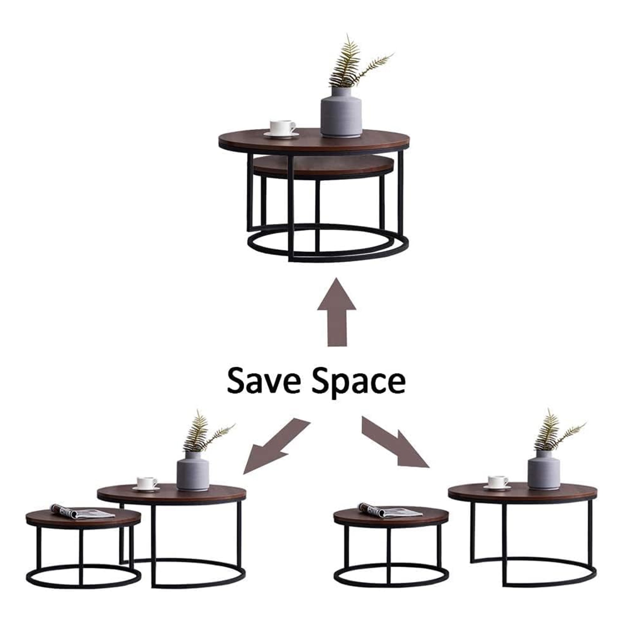 Resenkos 2-Piece Coffee Set Round Glass Nesting Table with Black Frame for Living Room, Walnut