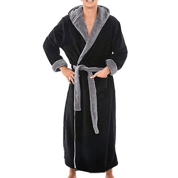 Mens Winter Warm Hooded Coat Bathrobe Towelling Long Dressing Gown