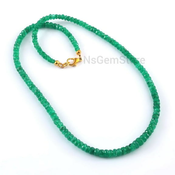 AAA Emerald Faceted Beads Necklace: 925 Sterling Silver, 14k Gold Plated