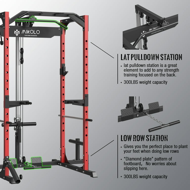 Mikolo Power Rack Cage with LAT Pulldown System 1200LBS Capacity Workout Rack Multi Functional Squat Rack with 13 Level Adjustable Height and