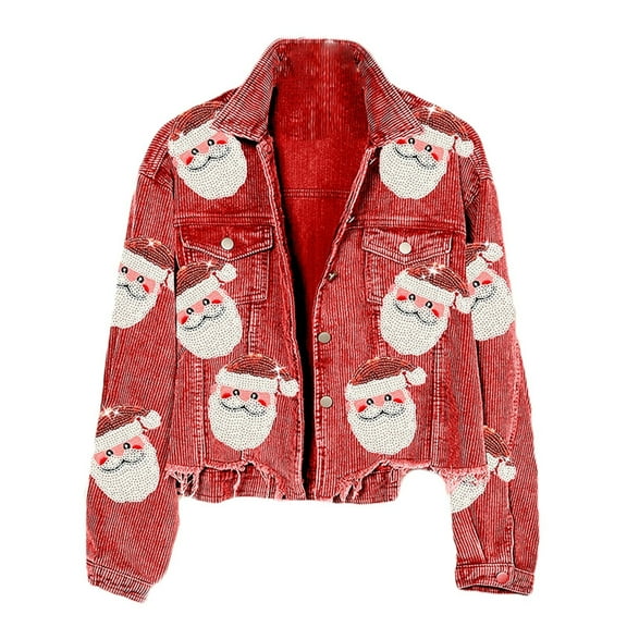 Wangmeiwg Christmas Outfits for Women Autumn Winter Corduroy Baseball Jacket with Festive Santa Sequined Embroidery for Women Casual Outerwear