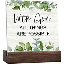 Ceramic Sign 4x4 Inch Desk Decor With God All Things Are Possible Faith Based Gifts Signs Plaque Sign with Wood Stand Decoration For Home Office Bible Verse Decorations Shelf Table Decor