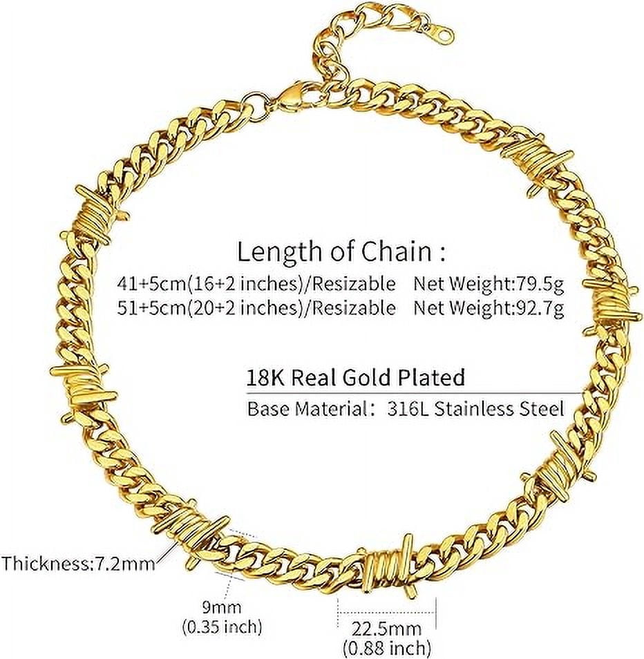 ChainsHouse Gold Plated Barbed Wire Necklaces for Men Women Punk Thorns Chain Necklace 9mm Width Chunky Chains Jewelry Gift, 16 inch