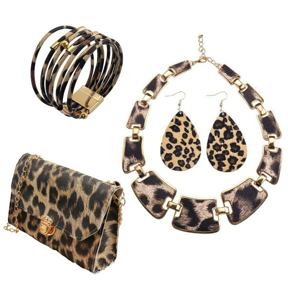 MANNYA Stylish Leopard Print Jewelry Set Purse Earrings Bracelet Necklace Fashionable Pattern Accessory For Women
