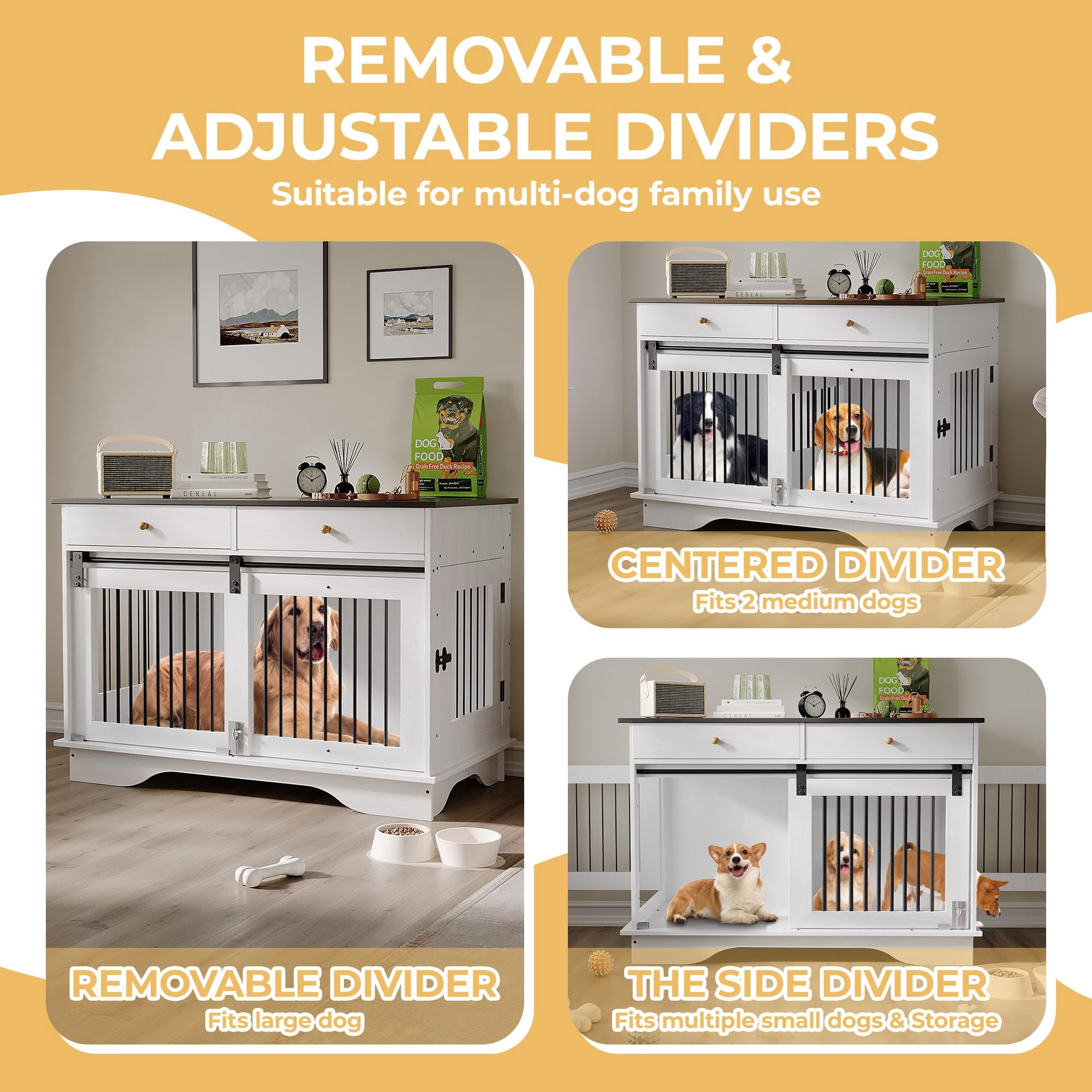 Danolapsi 47" Dog Furniture Crate,Dog Kennel Large Furniture Style Dog Crate w/ 2 Storage Draws & Removable Divider & Triple Door Design,Indoor Pet Crate Table for Large/Medium/Small Dogs