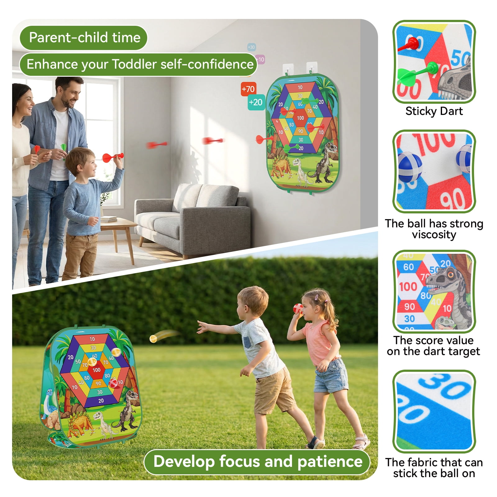 KNMDU 4-in-1 Cornhole Board Set with Bean Bag Toss, Soccer Goal, Safe Darts and Throwing Ball for Kids Ages 3-8