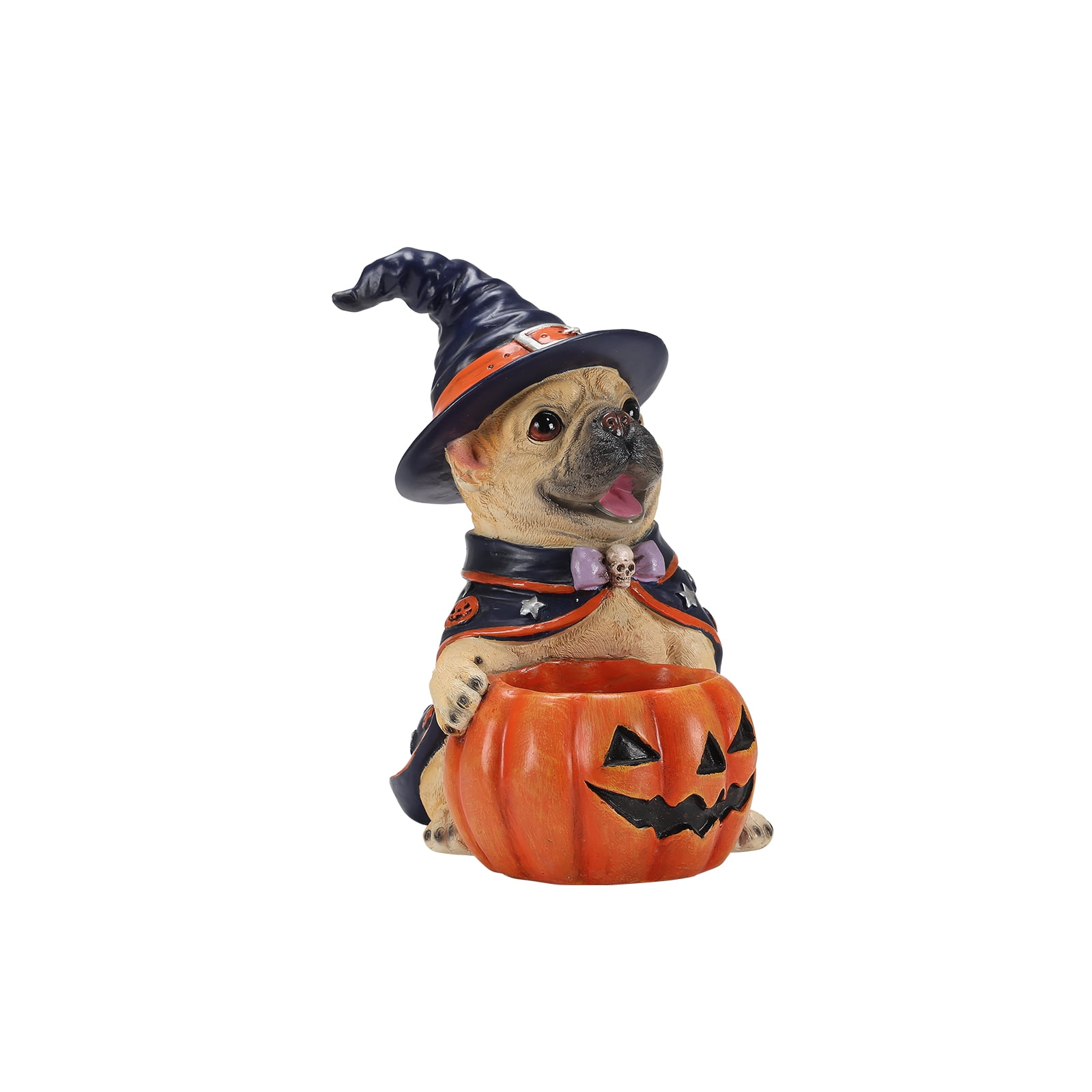 French Bulldog Figurine 12.6 Inch, Halloween Witch Puppy Statue with Pumpkin Candy Bowl, Cute Dog Decor for Tabletop and Holiday Display, Beige and Orange-Red