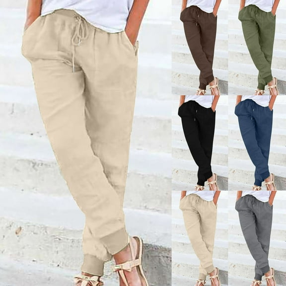 Dazajoo Women's Summer Pants Womens Cotton Linen Tapered Pants Elastic Waist Drawstring Trousers with Pockets Summer Casual Solid Color Beach Pants,Army Green,XXL