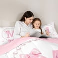 thumbnail image 4 of Manfei Ribbon Bowtie Letter Monogrammed M Twin Bedding Sets 7-Piece for Girls,Kids Teens Princess Bling Pearl Print Bedding Comforter Set,Pink Reversible,Super Cozy Room Decor, 4 of 7
