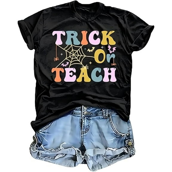 Trick Or Teach Print Halloween Short Sleeve Shirt for Women
