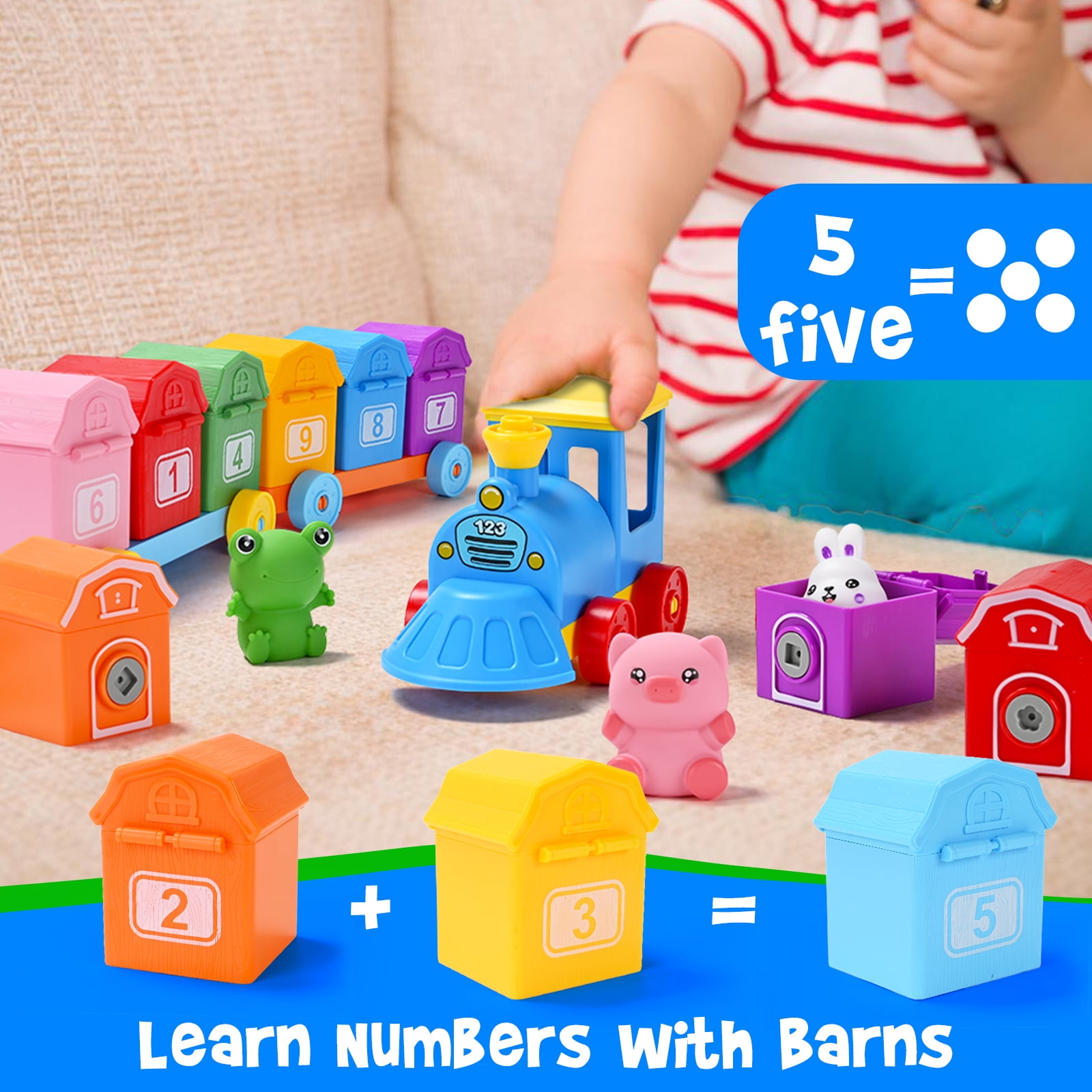 IYHN Farm Train Learning Toy, Counting, Matching & Sorting Montessori Learning Animal Set Including 9 Farm Animals and 1 Farmer, Easter Christmas Birthday Gift for for Toddlers