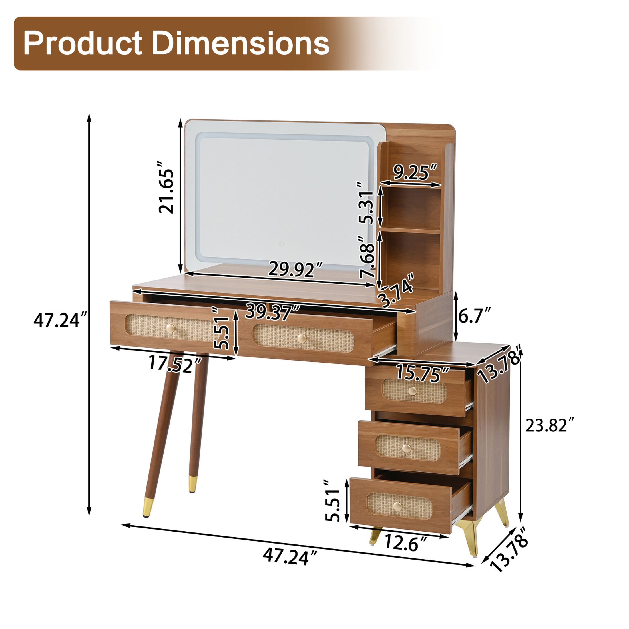 Noble House 47" Vintage Makeup Vanity with Lighted Mirror, Makeup Desk with 5 Storage Drawers, Upper Shelf,Walnut