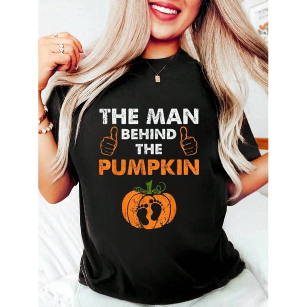 Halloween T-shirt 100% Cotton Mens Funny Pregnancy Baby Shower Man Behind The Pumpkin T-Shirt Women's Tee Causal Breathable Classic Comfort Tops