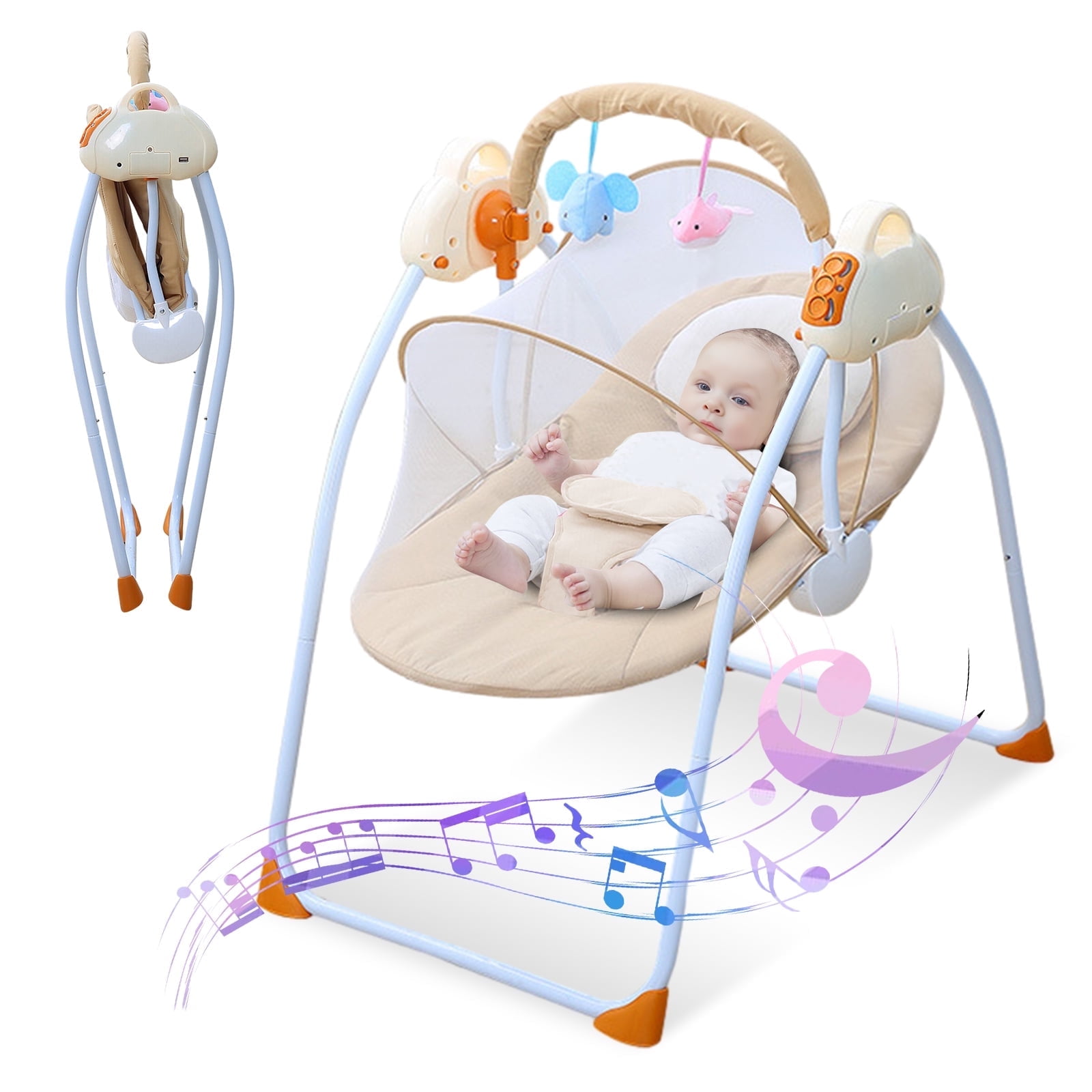 SLLINGLUO Folding Baby Swings, Infant Swing with Music and Toys, Baby Swing with 5-Point Harness, Brown