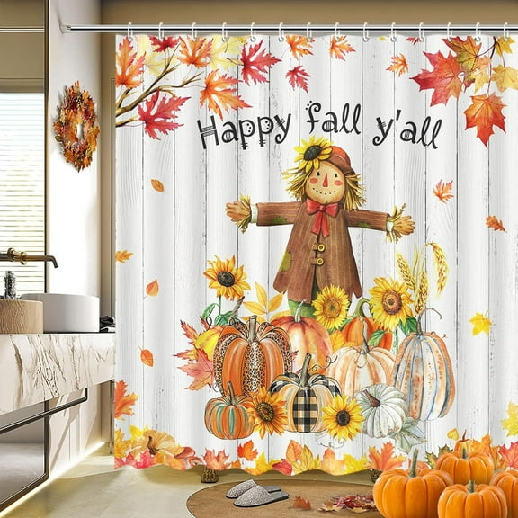72x72 Inch Fall Shower Curtains for Bathroom Happy Fall Y''all Shower Curtains Pumpkin Scarecrow Thanksgiving Bathroom Decor Fabric Shower Curtain Waterproof with 12 Hooks