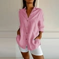 thumbnail image 2 of Holzkary Womens Long Sleeve Button Down Cotton Linen Shirt Blouse Loose Fit Casual V-Neck Tops Pleated Lapel Shirt Station Explosion Solid Color Top Pink 5Xl, 2 of 9