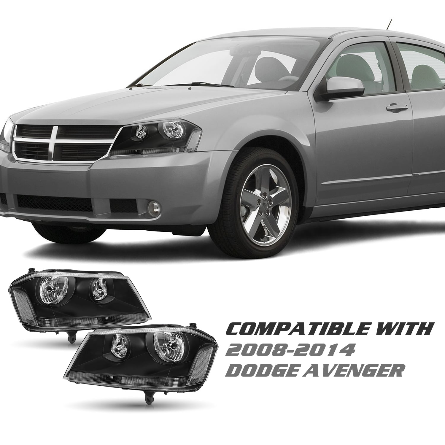 For 2008-2014 Dodge Avenger  Black Clear Headlight Assembly Headlamps Left+Right